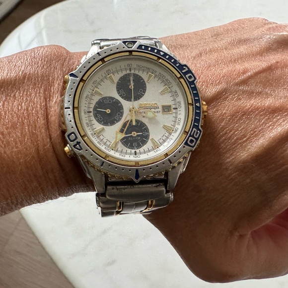 Seiko Silver and Gold Watch with Blue Accents
